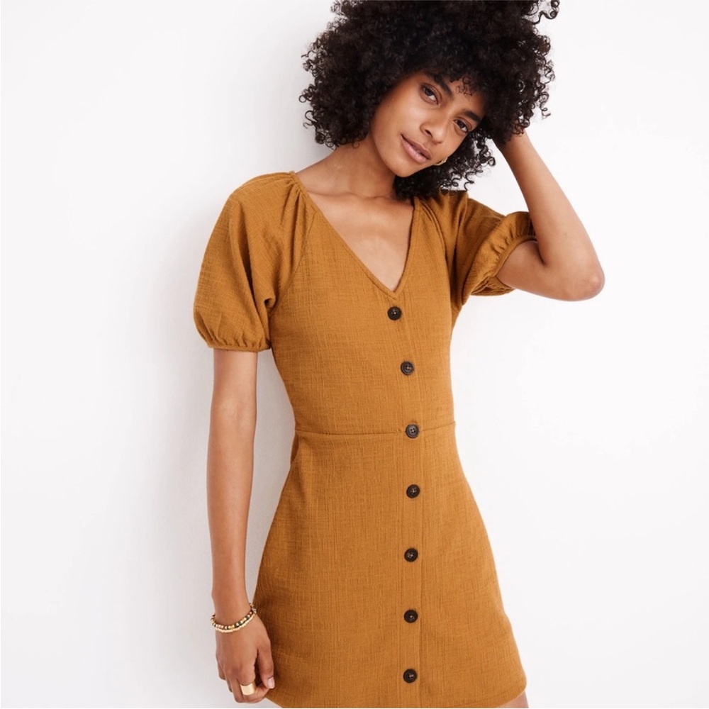 Madewell Texture & Thread Puff-Sleeve Dress Mustard Yellow Size XS